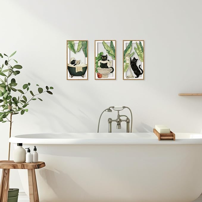 HPNIUB 3PCS Funny Bathrooms Wall Decor, Whimsical Black Cat Wood Sign, 8x16Inch Vintage Cat Toilet Wooden Hanging Sign Botanical Wall Art for Powder Room Restroom Decoration, Lovely Cat Gifts