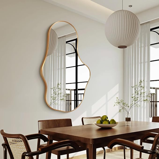 Irregular Wall Mirror - Wall Mirrors Decorative 24"x 40" Asymmetrical Abstract Mirror Aviation Aluminum Alloy Frame Unique for Bathroom, Bedroom, Living Room, Cloakroom, Entryway Gold