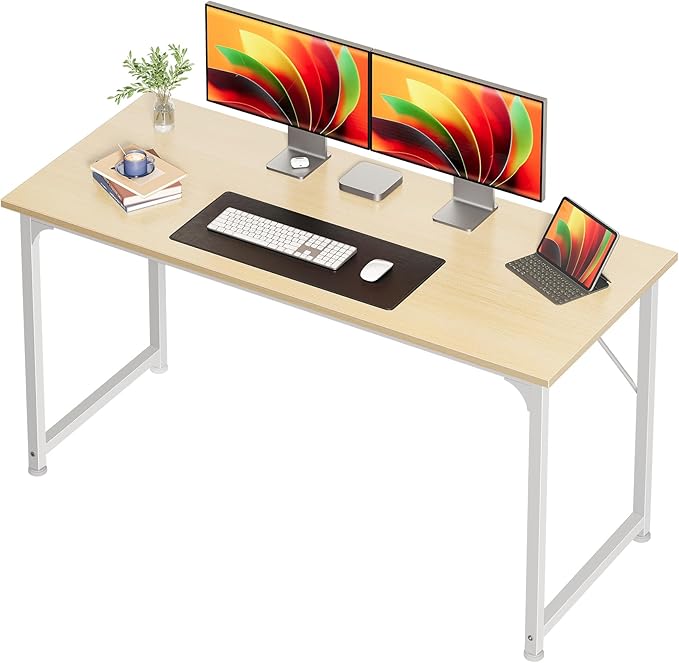 Huuger Computer Desk, 54 Inch Office Desk, Gaming Desk with Storage, Writing Desk Work Desk for Home Office, Study, Modern Simple Desk, Large Legroom, Metal Frame, Maple