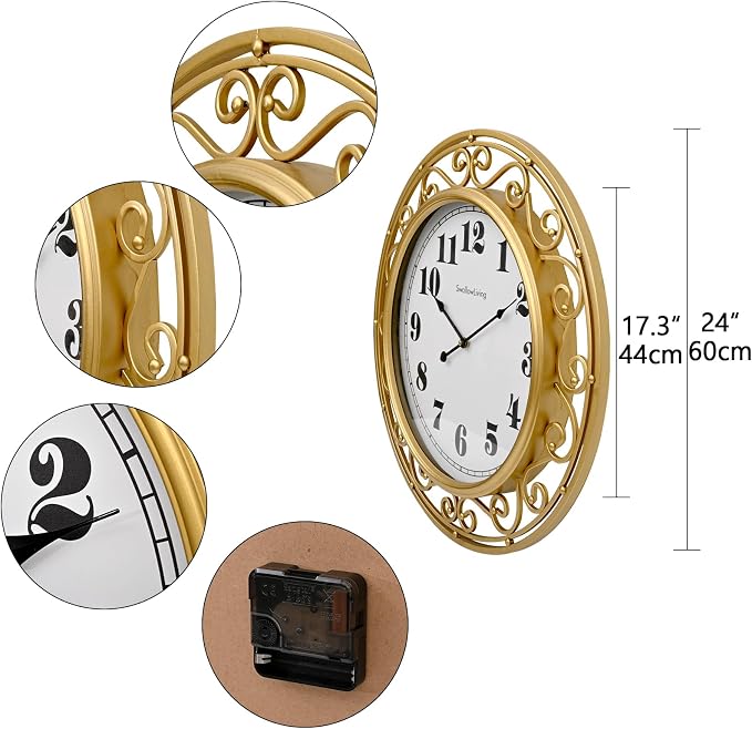 SwallowLiving 24 Inch Vintage Iron Large Metal Frame Gold Wall Clock Silent, Battery Operated, Elegant Retro Decor for Living Room, Kitchen, Office, Dining Room, and Bedroom