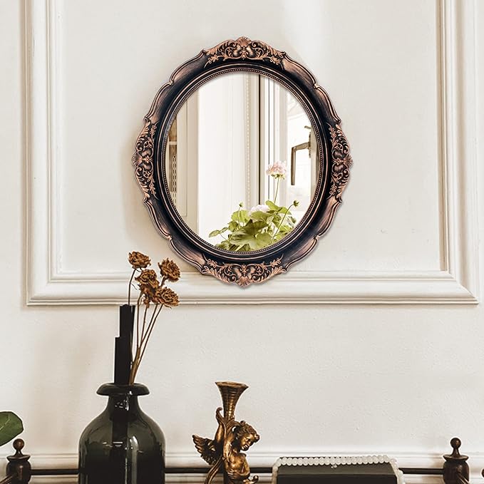Eaoundm 13.1 x 14.8 inchs Plastic Frame Decorative Wall Mirror,Vintage Hanging Mirrors for Bedroom Living-Room Dresser Decor Oval (Vintage Gold Bronze)