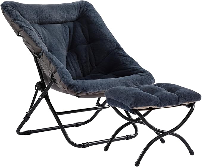Furlide Saucer Chair with Ottoman, Comfy Doorm Chairs, Oversized Folding Faux Fur Chair, Foldable Metal Frame Chair for Bedroom, Living Room(Navy Blue)