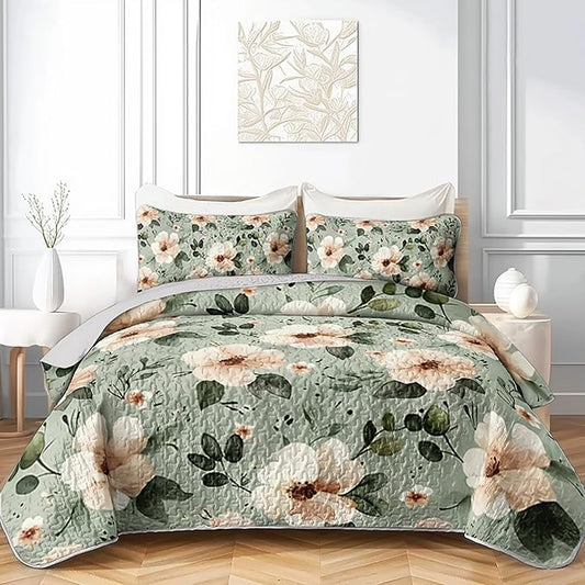 AILONEN King Quilted Comforter Set 3 Piece Meadow Blossom Bedspread Coverlet 2 Pillowcases Soft Luxury Suite Adults Home Decor Upgrade Elegant Refreshing Greenery Bloom