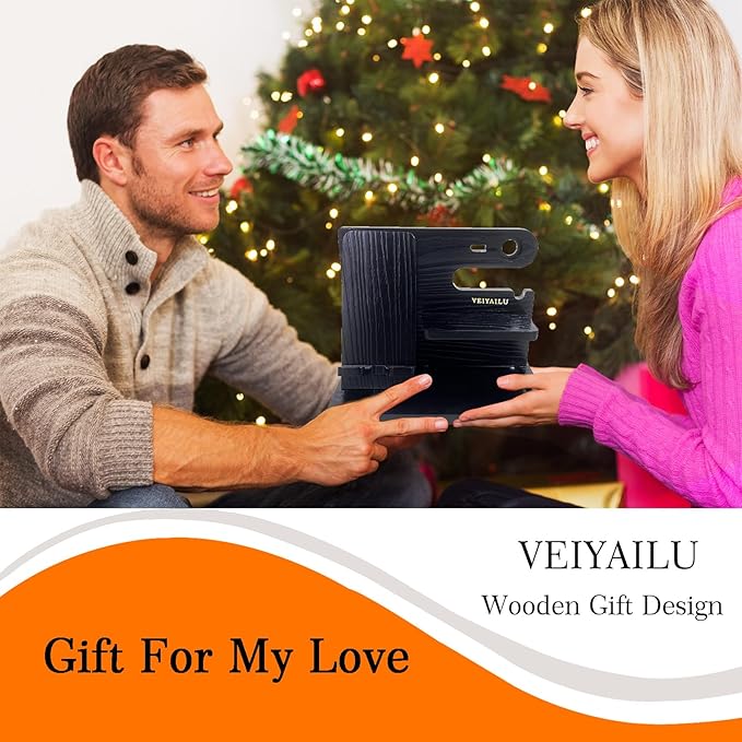 VEIYAILU Gifts for Dad Men Mom Women from Daughter Son Birthday Gifts Nightstand Organizer Mens Wood Phone Docking Station (Black)