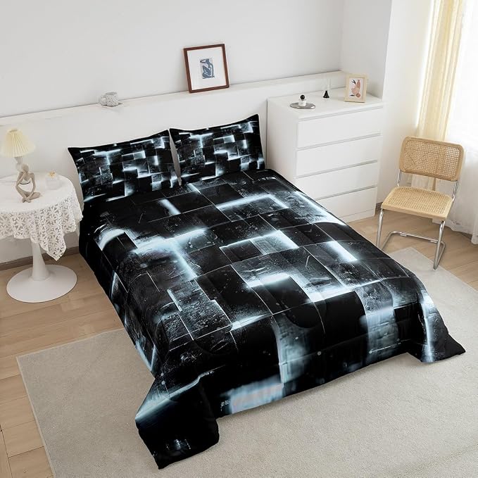 Black Greyish White Abstract Comforter Twin Gradient Square Twin Bedding Set Grid Down Comforter Neon Checkered Bed Set Glowing Plaid Quilted Duvet Modern Room Decor 2pcs (Black Reversible)