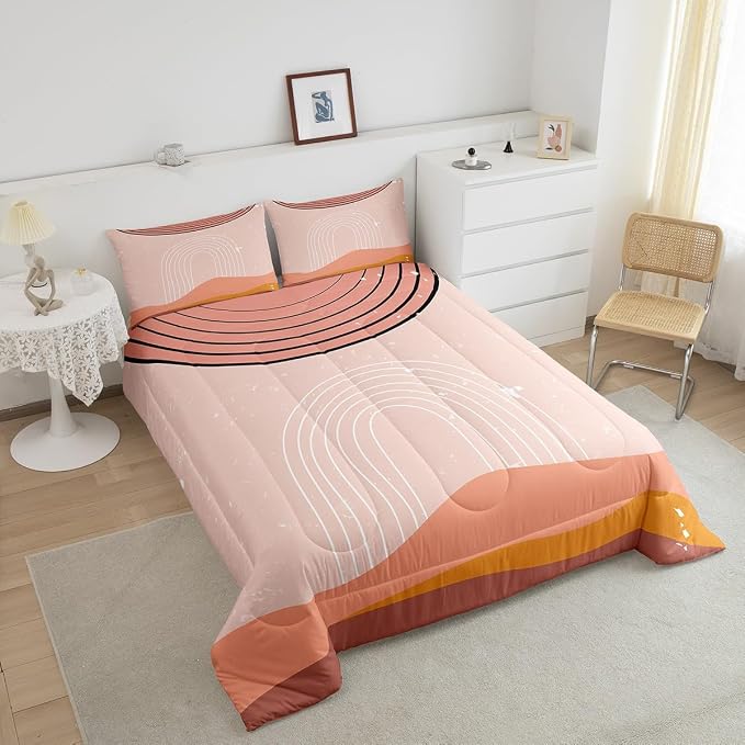 Erosebridal Pink Aesthetic Comforter Twin Girly Minimalist Bedding Set for Girls Women, Modern Down Comforter Mid Century Bed Set, Boho Abstract Art Quilted Duvet Microfiber