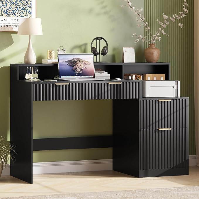 Vabches Fluted Computer Desk with Power Outlets, Home Office Desk with Drawers, Printer Stand, Wood Computer Desk with Long Monitor Stand, Black