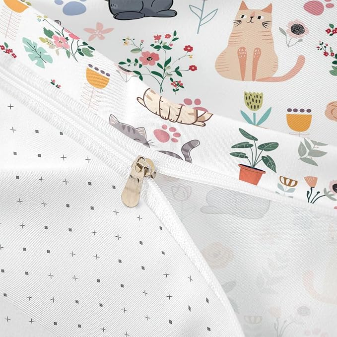 Erosebridal Cute Cat Duvet Cover Twin Floral Cats Lovers Bedding Set Lovely Kitten Pet Animals Comforter Cover for Kids Girls Boys Adults Botanical Aesthetic Bed Set