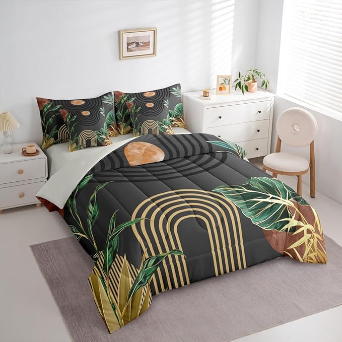 Erosebridal Mid Century Bed in A Bag 7 Pcs Brown Black Boho Geometric Comforter Set for Women Men Tropical Modern Palm Leaf Bedding Sets King Abstract Bohemian Aesthetic Sheet Set with Comforter