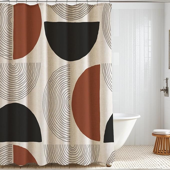 Boho Minimalistic Linen Shower Curtain Abstract Geometric Shapes Lines Fabric Shower Curtain Set with Hooks, Mid Century Modern Shower Curtains for Bathroom, 71x84 Bath Curtain