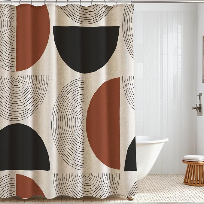 Boho Minimalistic Linen Shower Curtain Abstract Geometric Shapes Lines Fabric Shower Curtain Set with Hooks, Mid Century Modern Shower Curtains for Bathroom, 71x71 Bath Curtain