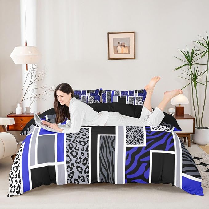 Erosebridal Leopard Print Comforter Cover Full Zebra Skin Texture Bedding Set Wild Animal Cheetah Print Duvet Cover for Kids Teen Adults,Blue Black Grey Geometric Bed Set