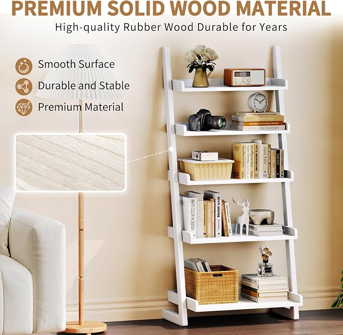 Uniclinens White Wooden Ladder Shelf, 5-Tier Leaning Bookshelf, Ladder Bookshelf for Compact Spaces, Leaning Bookcase for Living Room, Bedroom, Home Office