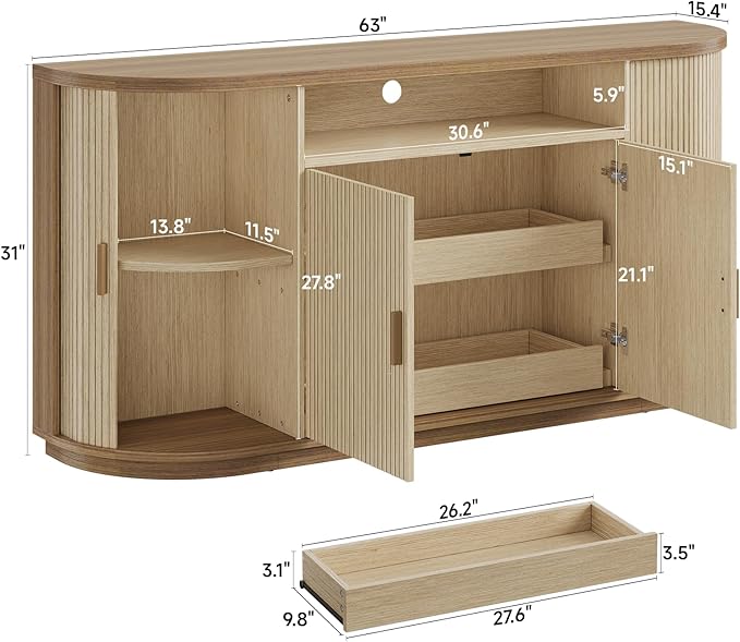 63" Sideboard Buffet Cabinet with Storage, Modern Fluted Accent Credenza with Sliding Doors, Drawers and Adjustable Shelves, Wood Coffee Bar Console Table for Kitchen, Living Room, Enrtyway (Oak)