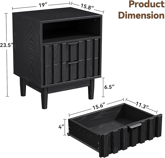 Fluted Nightstand Set of 2, 19" Wide Night Stand with Solid Wood Legs, Open Storage Shelf, Mid Century Modern Wooden Bedside Table for Bedroom, Bed End Side Table, Black