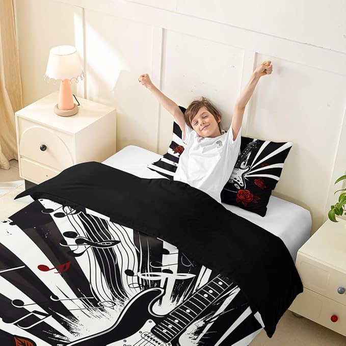 Erosebridal Guitar Comforter Cover Twin Rock Roll Vintage Room Decor Bedding Set Abstract Striped Musical Notes Duvet Cover,Rose Floral Punk Music Bed Set