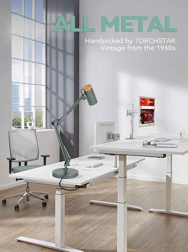 TORCHSTAR Tall Swing Arm Desk Lamp with Wooden Accent, Adjustable Large Size Max Height 31", E26 Base Metal Task Lamp, Office Desktop Lamp with On/Off Switch, for Reading, Study, Workbench, Green