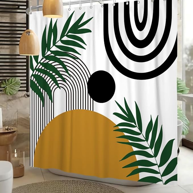 Boho Mid Century Shower Curtain Bohemian Abstract Modern Sun Bathroom Curtain Geometric Arch Curve Leaves Polyester Shower Curtain Sets for Bathroom Extra Long 72x96 in with 12 Hooks