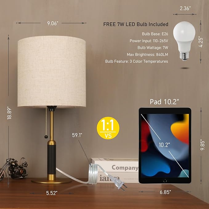 18.9" Mid Century Bedside Table Lamp for Nightstand with Pull Chain, 3-Color Lamp for Bedroom, Living Room, Solid Wood/Metal/Fabric Small Lamps for Home Office Room Decor (Light Brown+Brass)