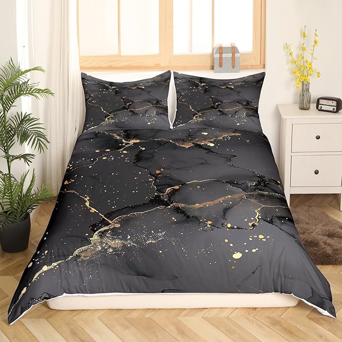 Black Marbling Comforter Cover Gold Metallic Sequin Bed Set, Dark Grey Marble Duvet Cover Queen Size Abstract Aesthetic Artwork Bedding Sets, Modern Fashion Bedspread Cover Luxurious Room Decor