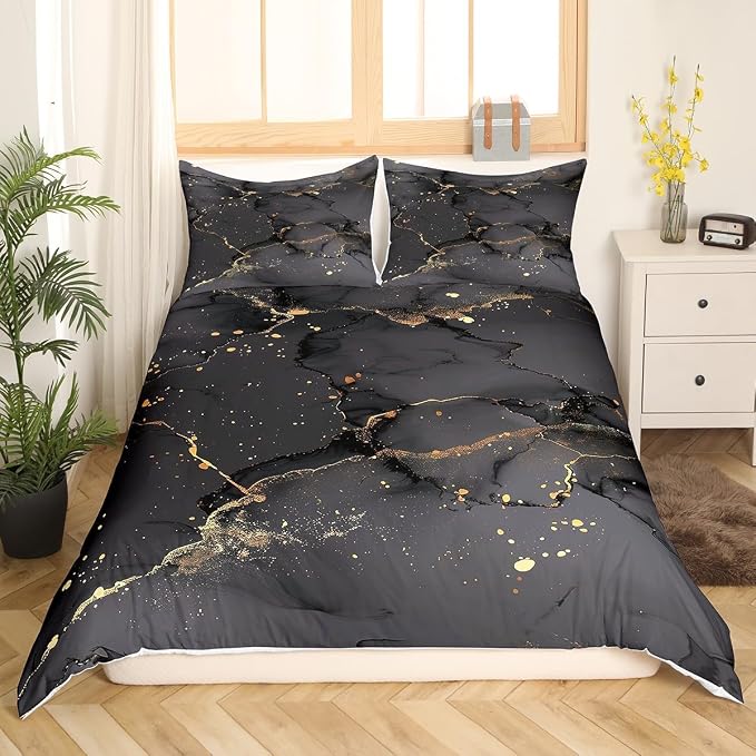 Black Marbling Comforter Cover Gold Metallic Sequin Bed Set, Dark Grey Marble Duvet Cover Queen Size Abstract Aesthetic Artwork Bedding Sets, Modern Fashion Bedspread Cover Luxurious Room Decor