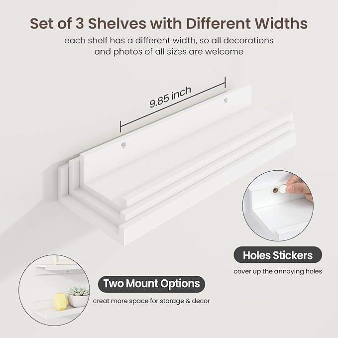 Axeman Picture Ledge Shelf | 16 Inch White Floating Shelves Set of 3 | Rustic Wood Wall Shelves with Lip | 16" White Picture Shelf for Wall with Ledge | Photo Shelves