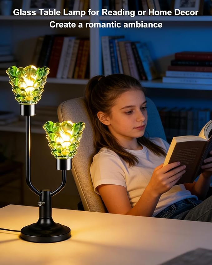 Lightdot Green Glass Table Lamp for Living Room Dimmable Mid Century Modern Vintage Desk Lamp Black Nightstand Lamp 2 Bulbs Included Warmwhite Ambient Bedside Lamp for Bedroom Home Office Decor Gift