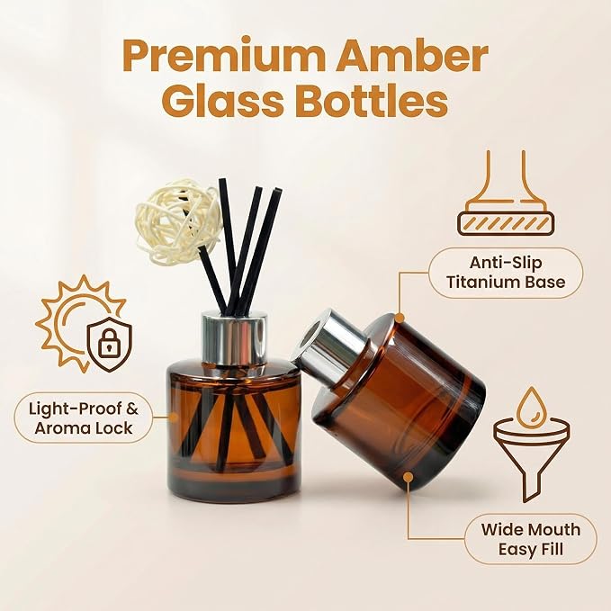 2Pcs 50ml/1.7oz Empty Refillable Amber Round Glass Diffuser Bottle with Silver Lid Diffuser Jars Containers Fragrance Accessories Use for DIY Home Crafts Decor