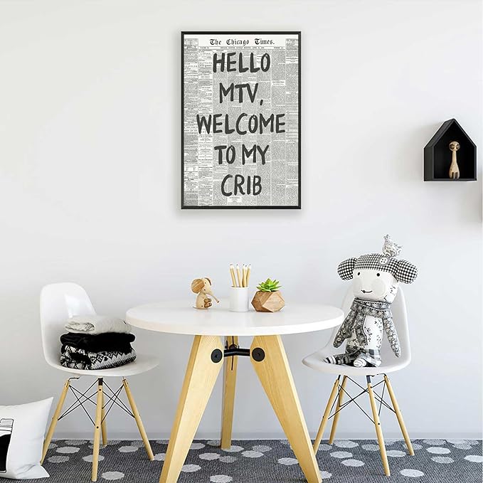 Hello Mtv Welcome To My Crib Poster Vintage Black And White Newspaper Canvas Wall Art Positive Affirming 70'S Room Aesthetic Prints Painting For Home Bedroom Dorm Wall Decor 12x16in Framed