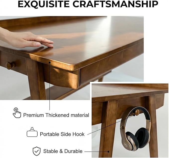 Wooden Writing Desk with Drawers, Small Solid Wood Desk, Mid Century Modern Desk with Storage Shelf & Side Hooks for Small Spaces/Study/Bedroom/Office (Walnut)