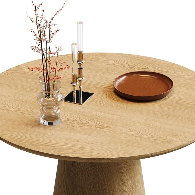 Farmhouse Round Dining Table for 4-5, 43" Round Wooden Kitchen Table with MDF Table Top Pedestal Base,Mid Century Modern Minimalist Dining Table for Dining Room Kitchen Living Room Small Space Oak