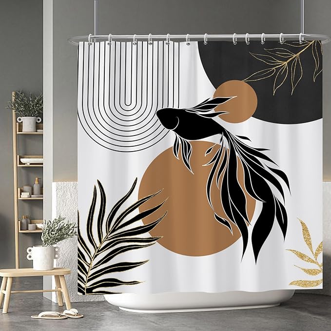 Baocicoo Boho Abstract Goldfish Shower Curtain Simple Geometric Line Aesthetic Minimalist Modern Neutral Shower Curtain for Bathroom Fabric Waterproof Durable Bath Curtain with Hooks 72x72 Inches