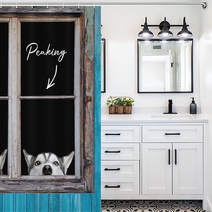 Funny Dog Shower Curtain Blue Rustic Farmhouse Wooden Country Lovely Animal Pet Pattern Duty Fabric Shower Curtains Set Bathroom Polyester Waterproof with 12 Hooks, 55x72Inch（140x183cm）