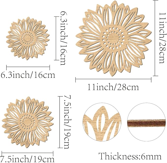 CREATCABIN 3Pcs Flowers Wood Wall Decor Wooden Sunflower Wall Art Decoration Hanging Set Hollowing Out Round Flower Sculpture Laser Cut Wooden Sign Ornament for Home Bedroom Gallery Office