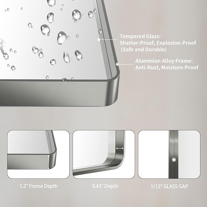 LOAAO 60X40 Inch Brushed Nickel Bathroom Mirror, Rounded Rectangle Silver Metal Frame Mirror, Brushed Nickel, Anti-Rust, Shatter Proof, Hangs Horizontally or Vertically