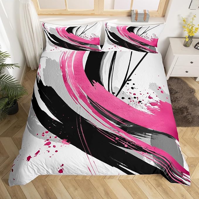 Erosebridal Black and Purple Pink Duvet Cover King - Modern Geometric Decorative Bedding Sets Striped Bed Set for Boys Girls Minimalists Watercolor Graffiti Lines Bed Cover