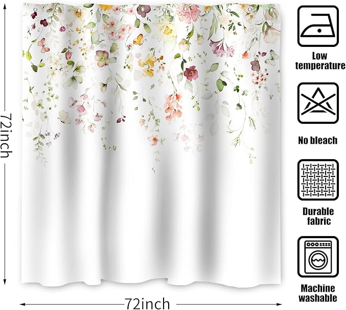 Floral Shower Curtain, Watercolor Flower Colorful Wildflower Machine Washable Waterproof Fabric for Bathroom Bathtub Decor with Hooks 72x72