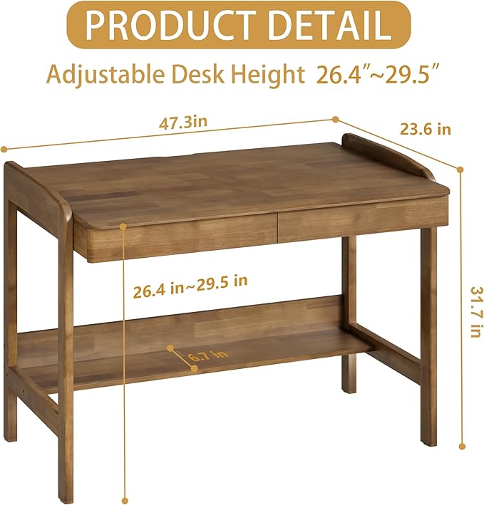 100% Solid Wood Desk with Drawers - 48 Inch Mid Century Modern Desk, Vintage Desks with Storage Shelf, Adjustable Height Writing Computer Desks with Cable Hole, Walnut Color