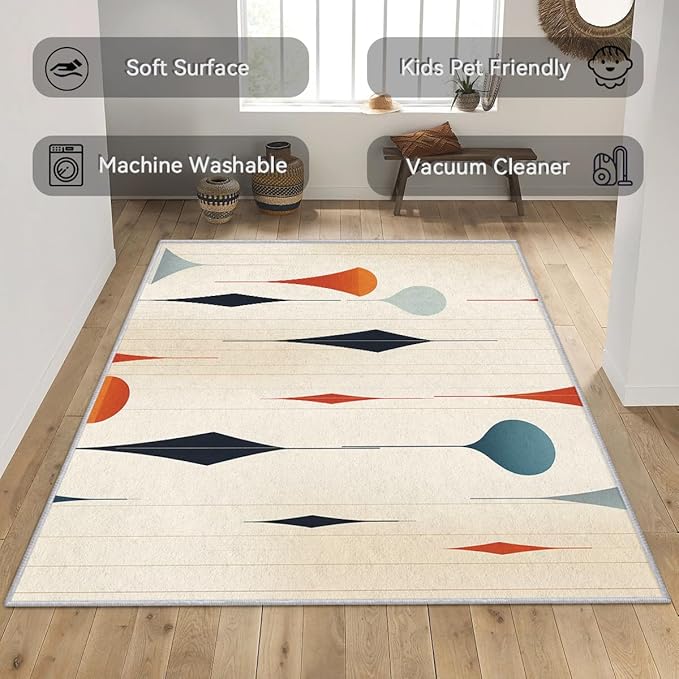 Mid Century Rugs for Living Room 5x7, Retro 50s Geometric Abstract Modern Pattern Design Area Rug, Mid Century Bedroom Decor Carpet, Non Slip, Washable (RG418)