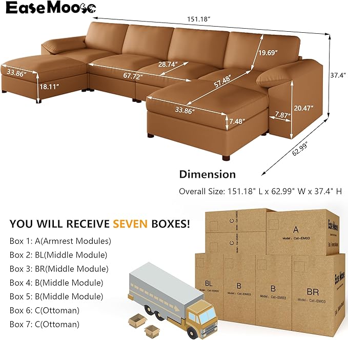 EASE MOOSE Brown Faux Leather Sectional Sofa,Leather Sectional Couch with Deep Seat,Extra Large U Shaped Couch,Oversized Modular Modern Scratch Resistant Sofas