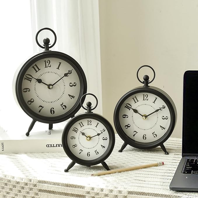 EMAX HOME Small Black Desk and Shelf Clock, 4.7*7.3 Inch Retro Elegant Tabletop Clock with Glass Cover, Silent Non-Ticking Battery Operated Decorative Clock for Living Room, Office, Bedroom, Gift Idea