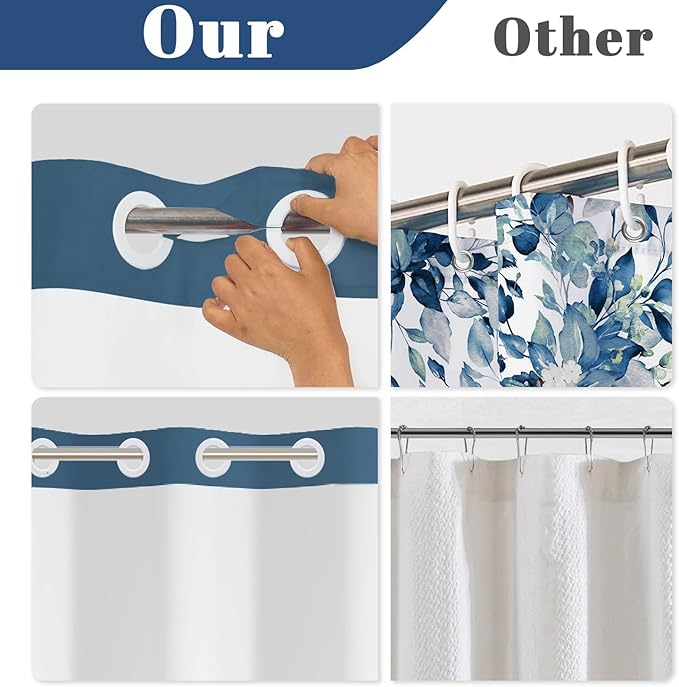 No Hook Shower Curtain and Liner Set, Flying Egret Coastal Bird Art Print - Navy Blue Waterproof Fabric Bath Curtain for Lake House Nature Inspired Bathroom Decor, Mesh Top, 71W x 74H