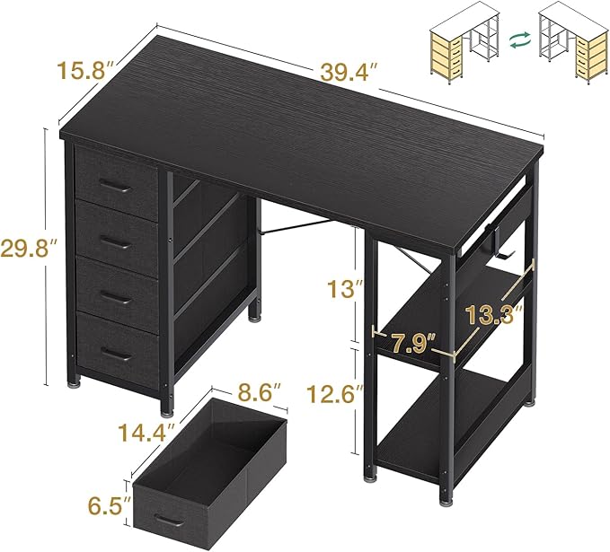 ODK 40 Inch Small Computer Desk with 4 Fabric Drawers, Modern Writing PC Desk for Small Spaces, Study & Home Office Desk with Storage Shelves, Black