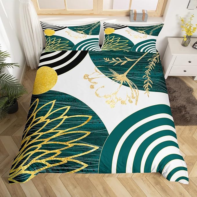 Erosebridal Boho Mid Century Duvet Cover Full Size for Women Men Adults | Minimalist Modern Comforter Cover Teal Green Geometric Bedding Set Aesthetic Modern Abstract Bed Set