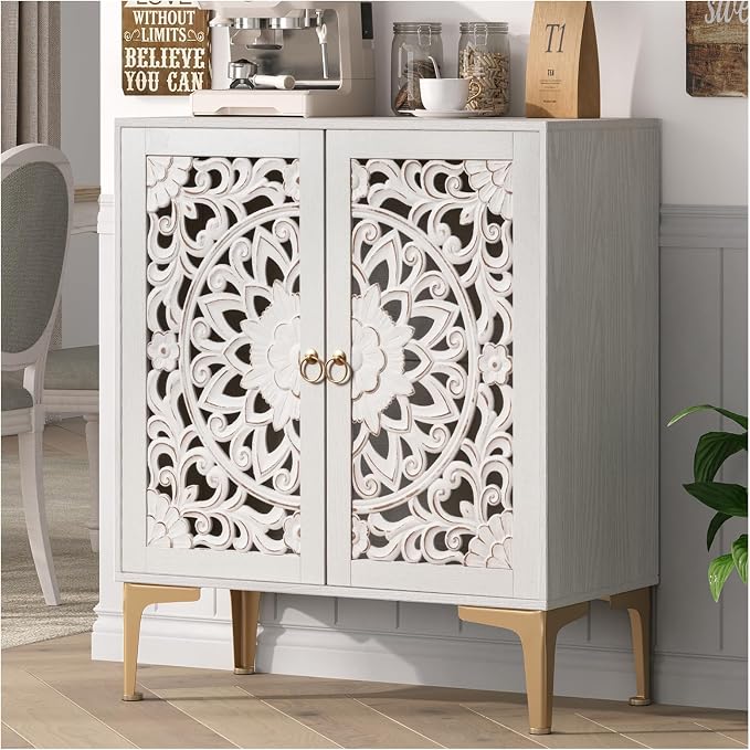 JOINICE 31.5" Accent Storage Cabinet with Carved Doors, White Boho Sideboard for Storage, Coffee Bar Cabinet & Entryway Table with Gold Legs, Decorative Buffet Cabinet for Dining Room, Living Room
