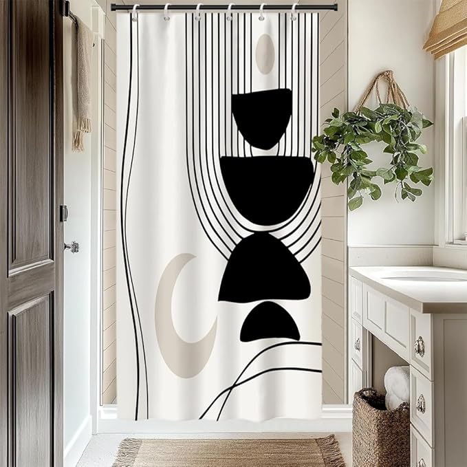 Black White Boho Shower Curtain for Bathroom Modern Abstract Minimalist Neutral Bathroom Decor Mid Century Arch Moon Geometric Bath Curtain Washable Waterproof Polyester Fabric with Hooks 48x72 Inch