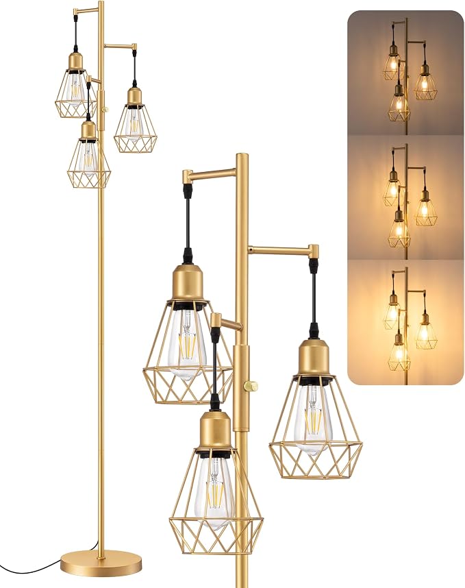 EDISHINE 70'' Dimmable Industrial Floor Lamp, Farmhouse Standing Lamps Diamond-Shaped Lampshade, 3 LED Edison Bulbs Included, Modern Rustic Floor Lamps for Living Room, Bedroom, Office, Gold