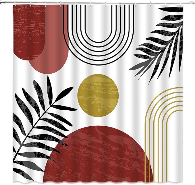 Mid Century Modern Shower Curtain Boho Red Abstract Retro Aesthetic Fabric for Bathroom Decor Bathtub with Hooks (70" WX74.8 H)