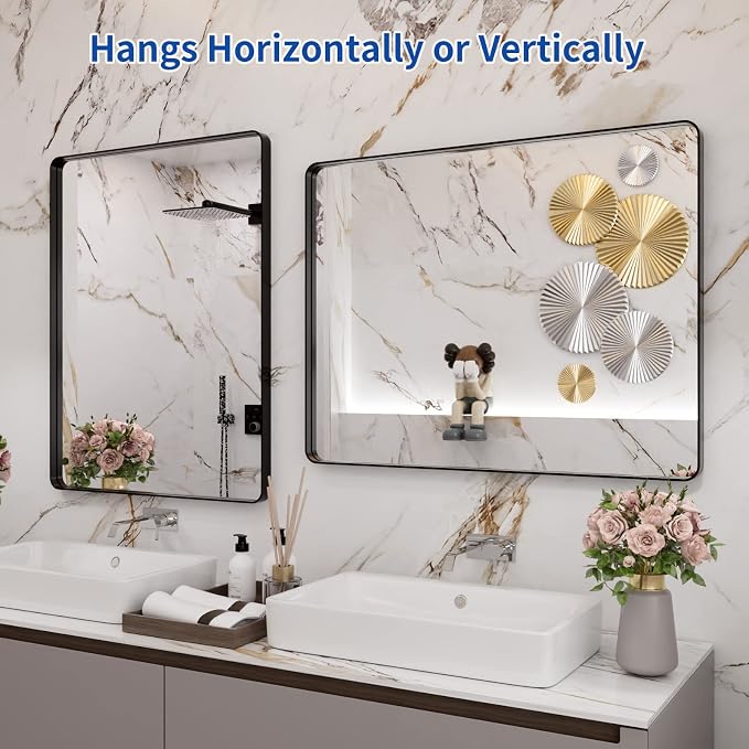 WEER Black Bathroom Mirror for Wall 28X36 Inch, Rectangular Black Metal Framed Vanity Mirror, Farmhouse Bathroom Mirror with Tempered Glass, Rounded Corner, Anti-Rust (Horizontal/Vertical)
