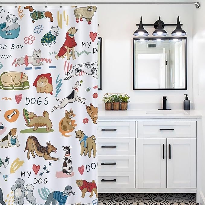 Dog Print Shower Curtain Different Types Cartoon Puppy Dog Pattern Duty Fabric Shower Curtains Set Bathroom Polyester Waterproof with 12 Hooks, 66x72Inch（168x183cm）